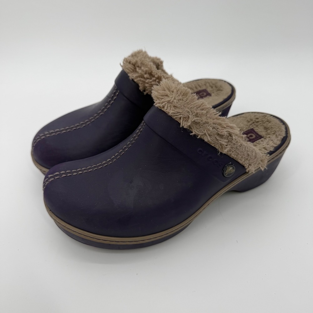 Crocs Fur Lined Clogs Purple Faux Fur Trim Slip On Mules Wedge Heel Womens 7